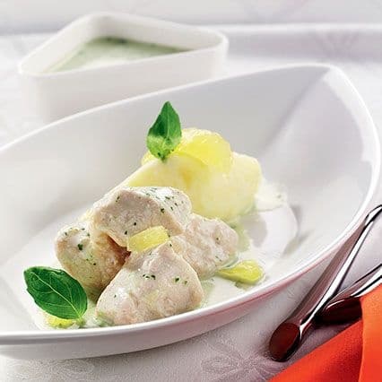 Bocconcini di pollo al limone e basilico con crema di patate