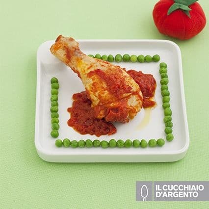 Coscette di pollo in umido con pomodoro e piselli
